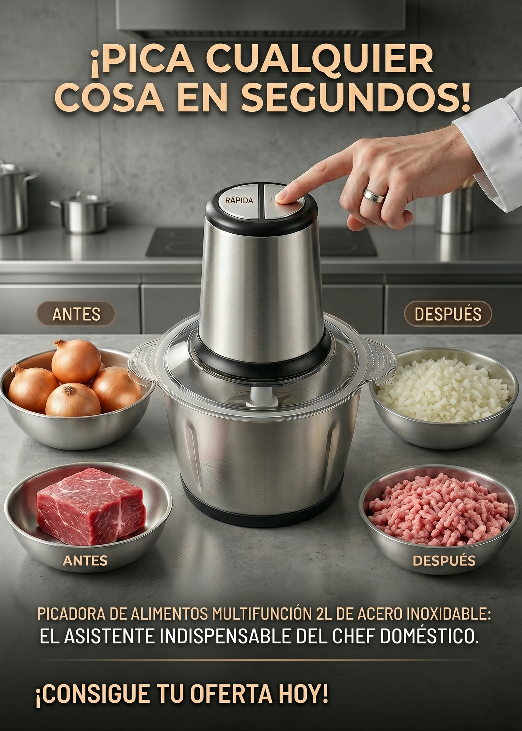 Súper Picadora Eléctrica de Acero Inoxidable (Gran Capacidad 2L)
