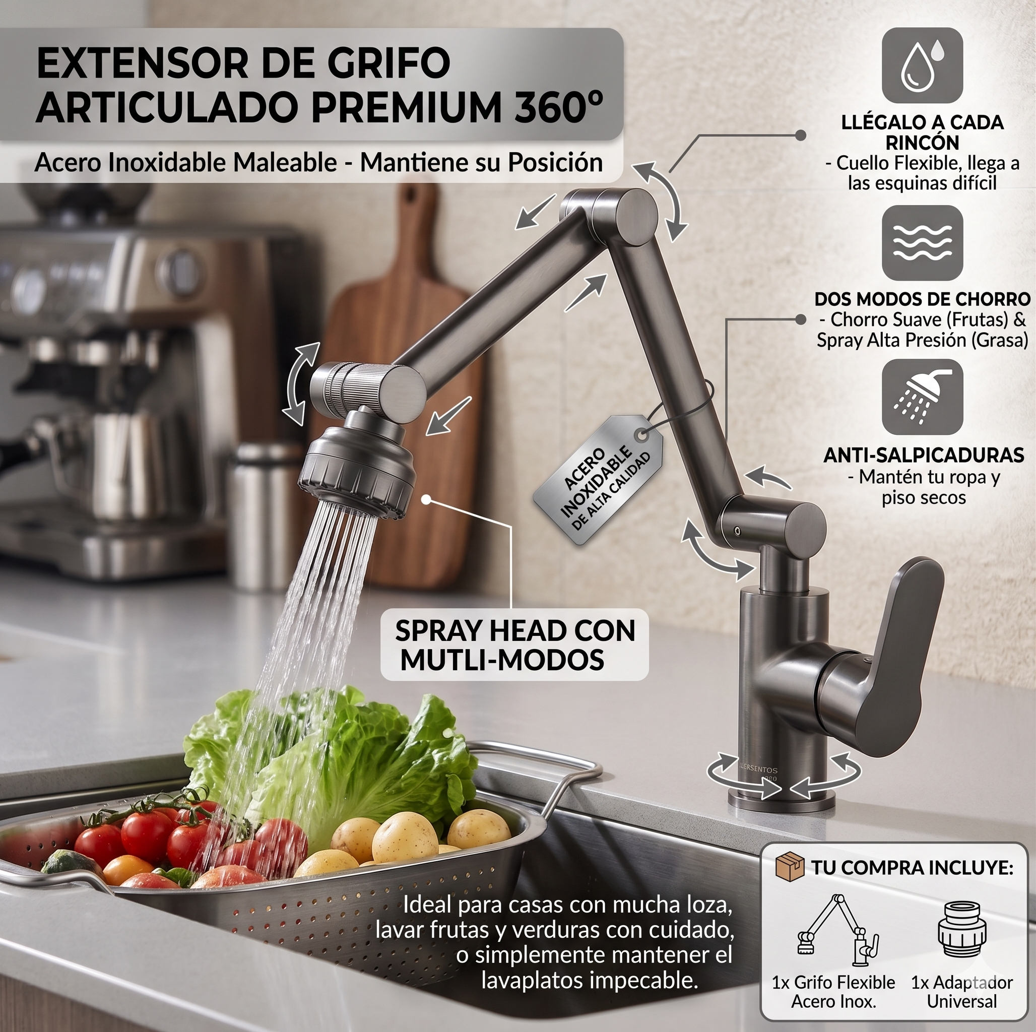Grifo Flexible 360° (Ahorra Agua y Lava con Facilidad)