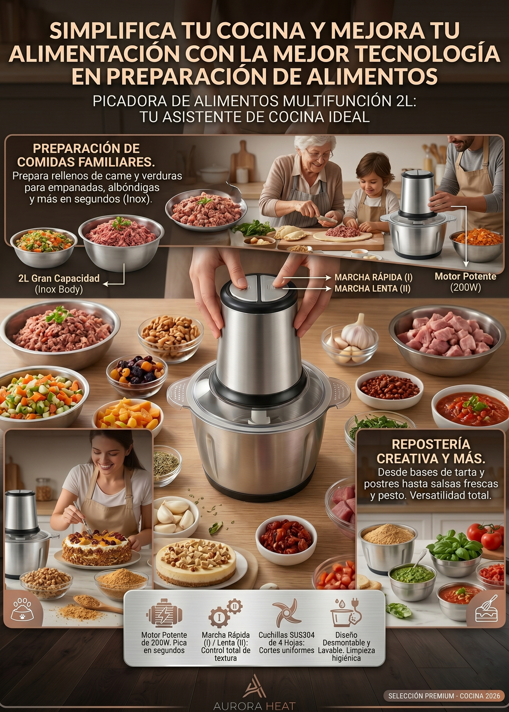 Súper Picadora Eléctrica de Acero Inoxidable (Gran Capacidad 2L)