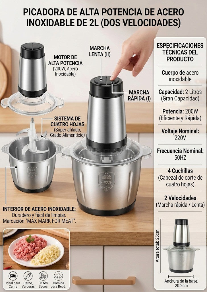 Súper Picadora Eléctrica de Acero Inoxidable (Gran Capacidad 2L)